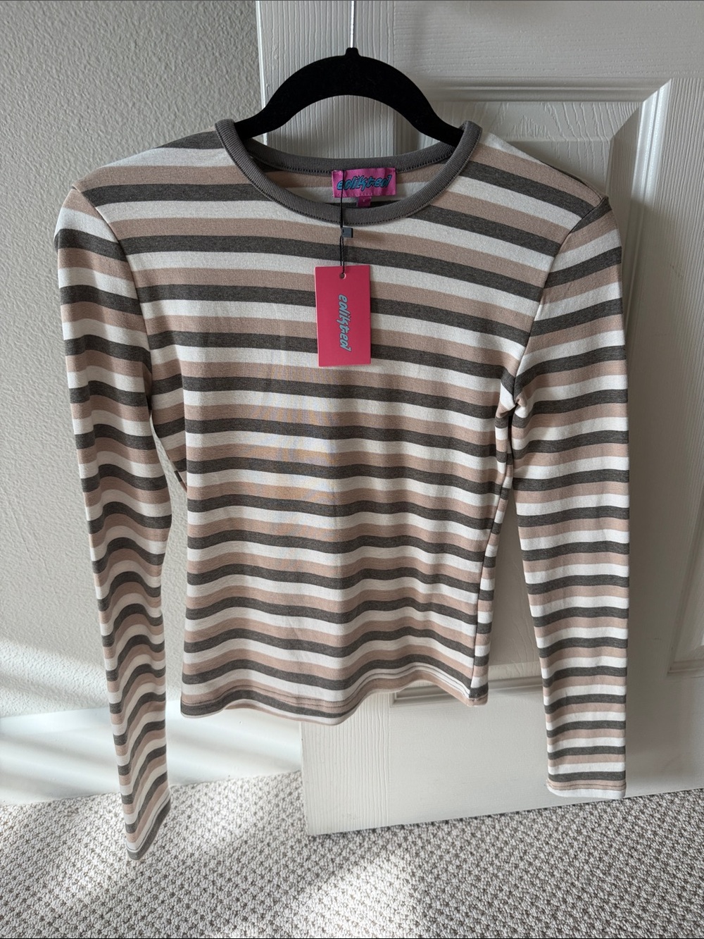 Edikted Striped Long Sleeve Tee in Cream, Brown & Gray